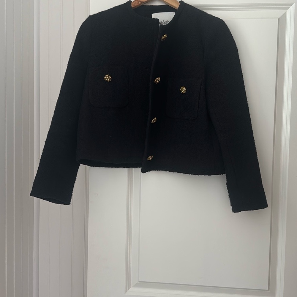 ba&sh Black Textured Blazer with Gold Buttons